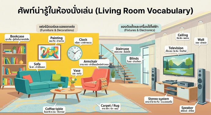 กลุ่มคำศัพท์ Living room ห้องนั่งเล่น